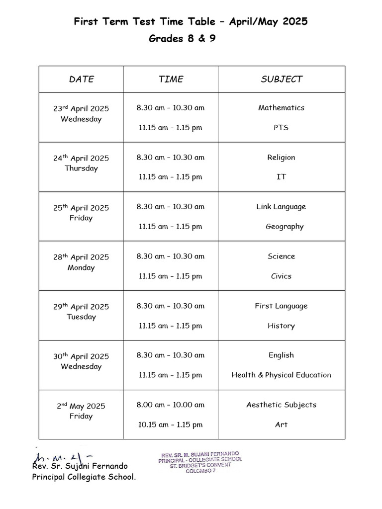 Grade 8 Exam Schedule April 2025 | PDF
