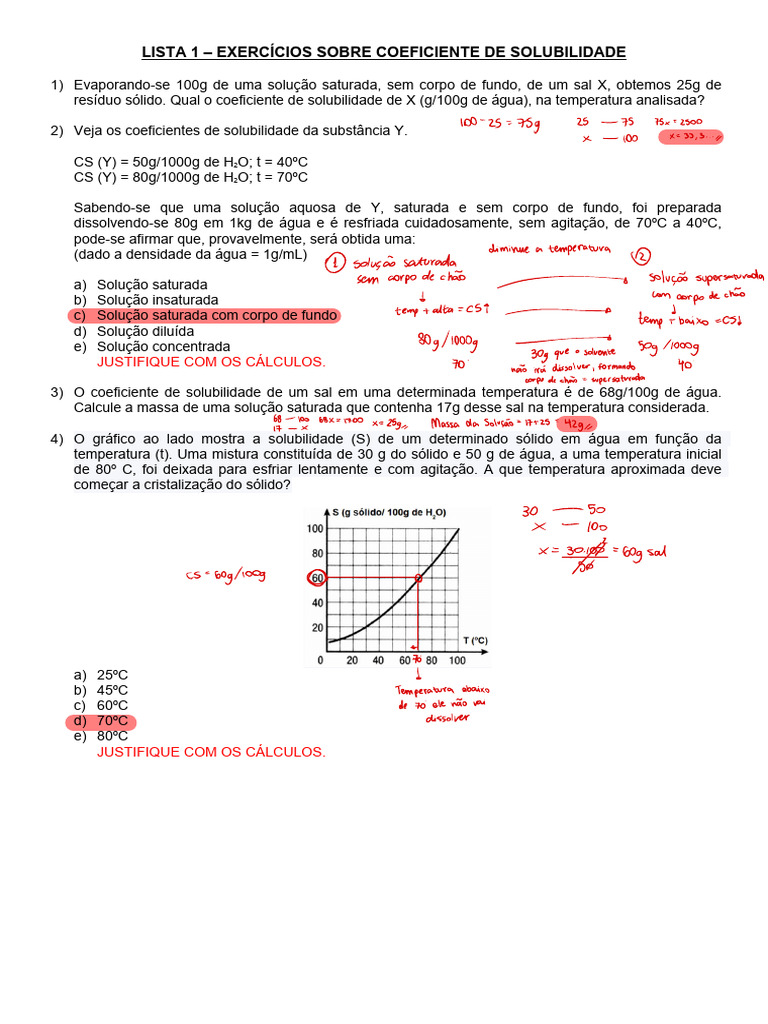 Exercícios sobre Coeficiente de Solubilidade | PDF | Solubilidade | Cloro