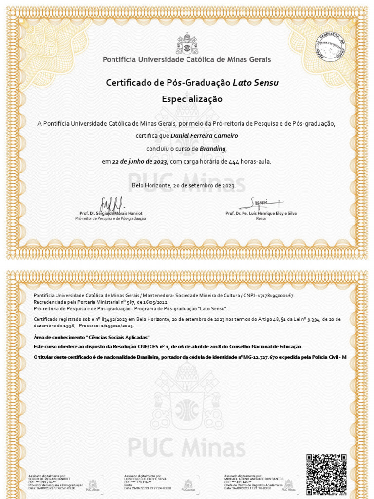 Certificado de Pós-Graduação PUC Minas | PDF