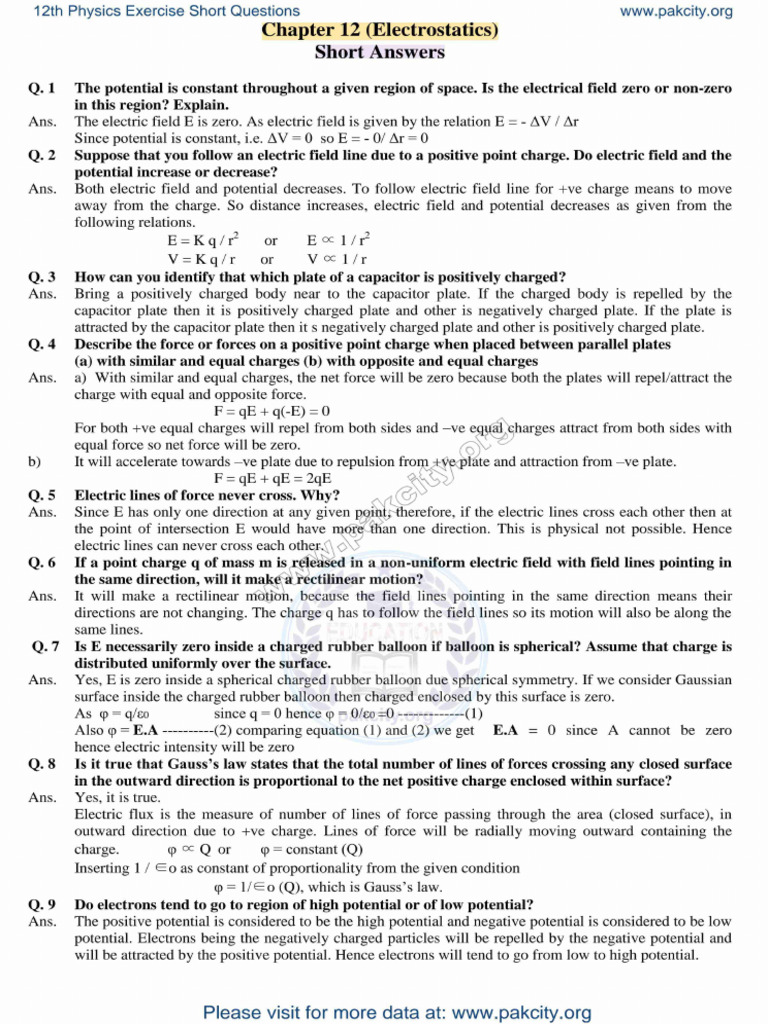 12th Physics Full Book Exercise Short Questions | PDF