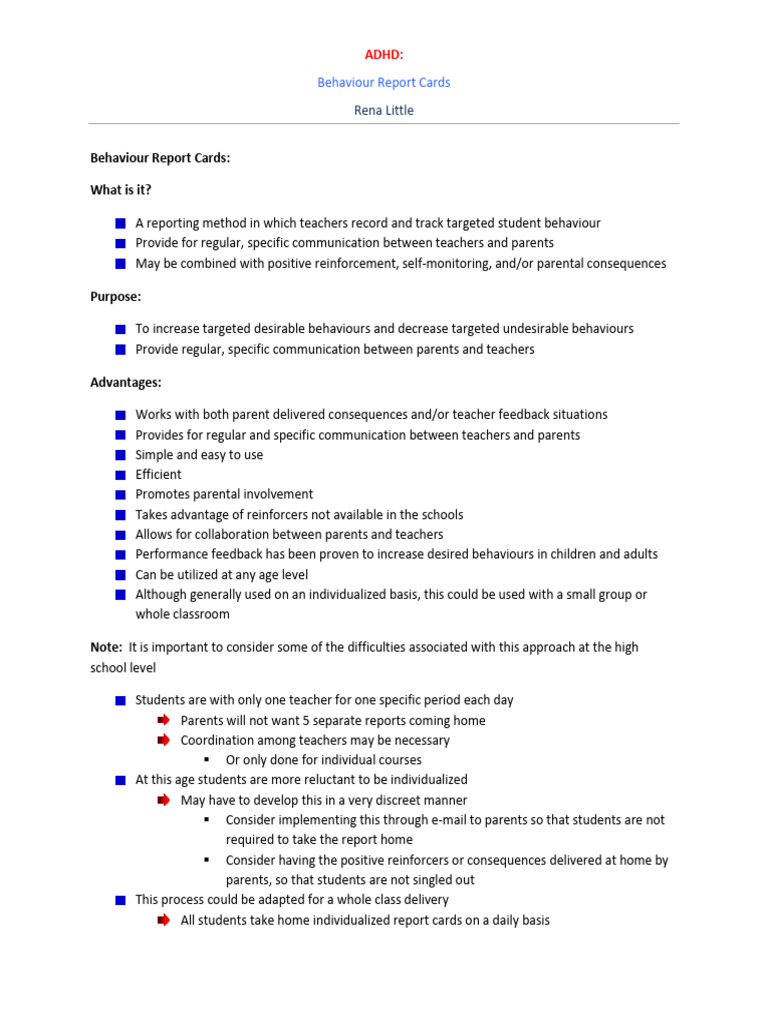 ADHD Behavior Report Cards Explained | PDF | Reinforcement | Teachers