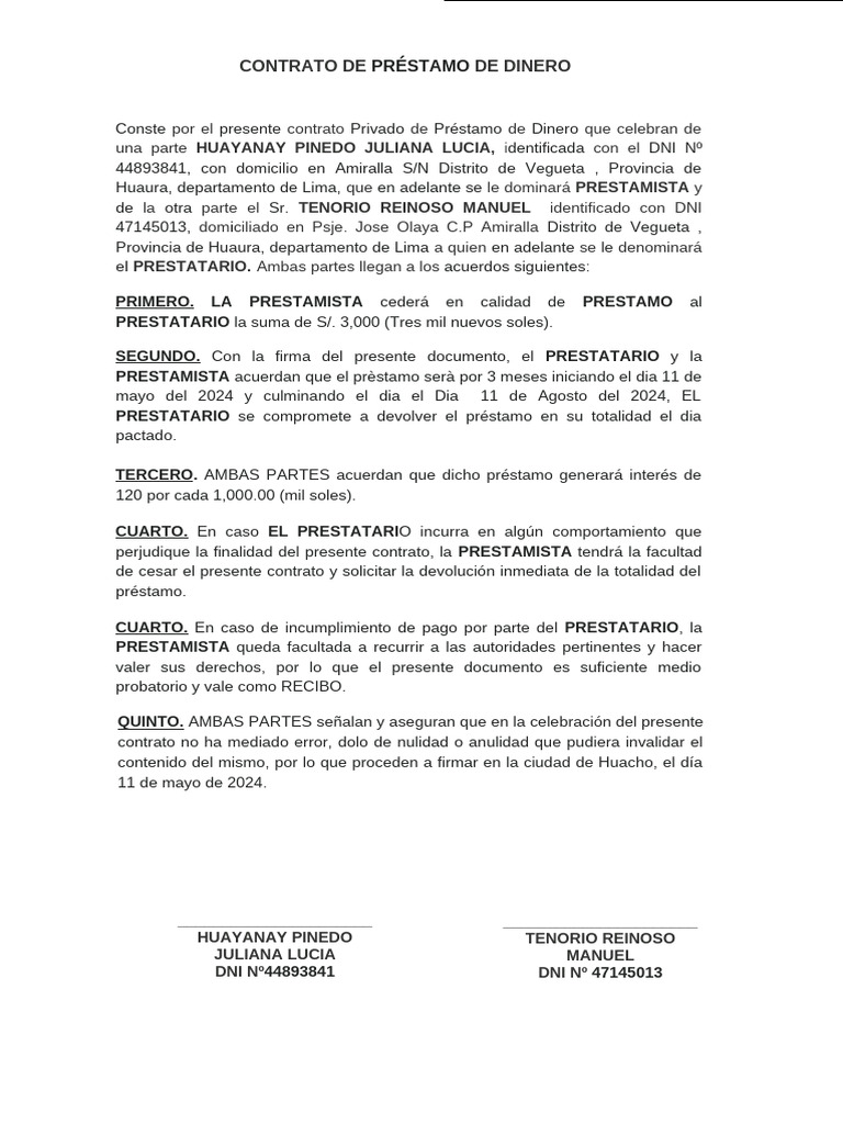 Contrato de Prestamo de Dinero | PDF