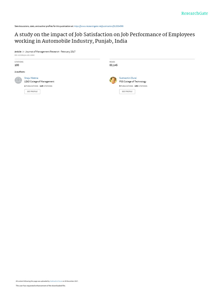A Study On The Impact of Job Satisfaction On Job P | PDF | Job ...