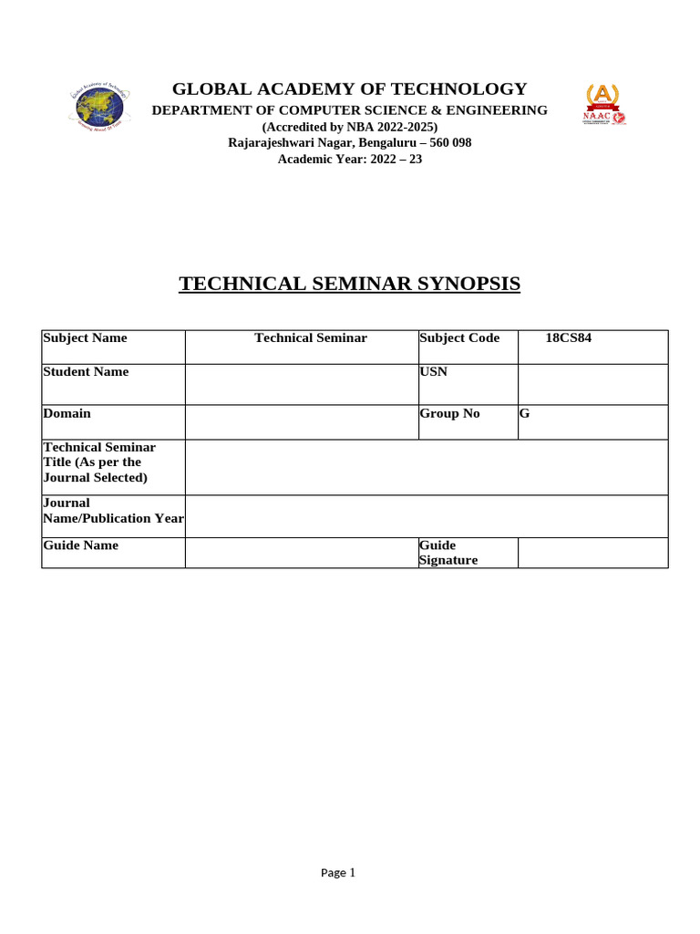 Technical Seminar Synopsis Template | PDF