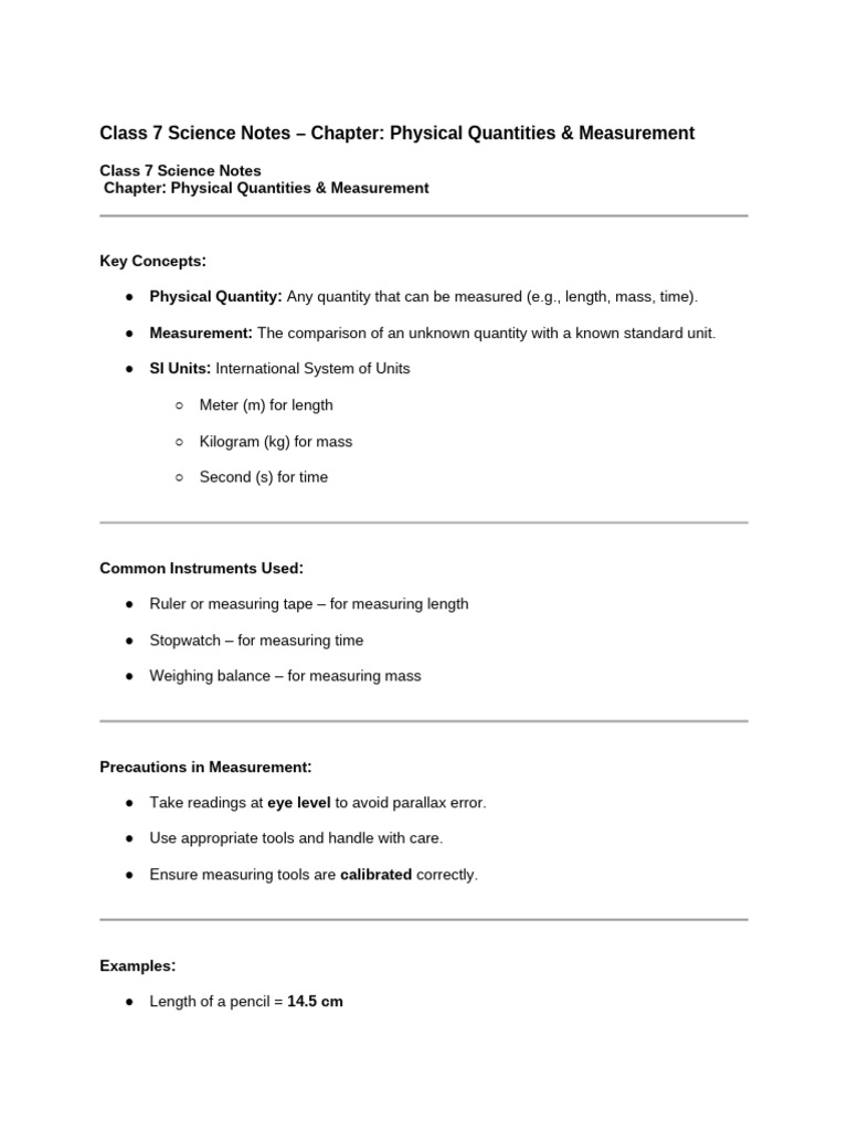 Class 7 Notes: Physical Quantities & Measurement | PDF