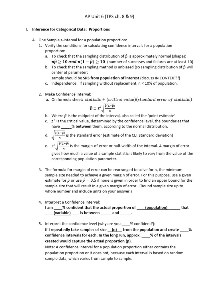 AP Unit 6 Notes (TPS Ch. 8 & 9) | PDF | Type I And Type Ii Errors | P Value