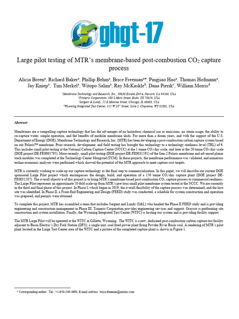MTR Membrane CO2 Capture Pilot Project | PDF | Carbon Capture And ...