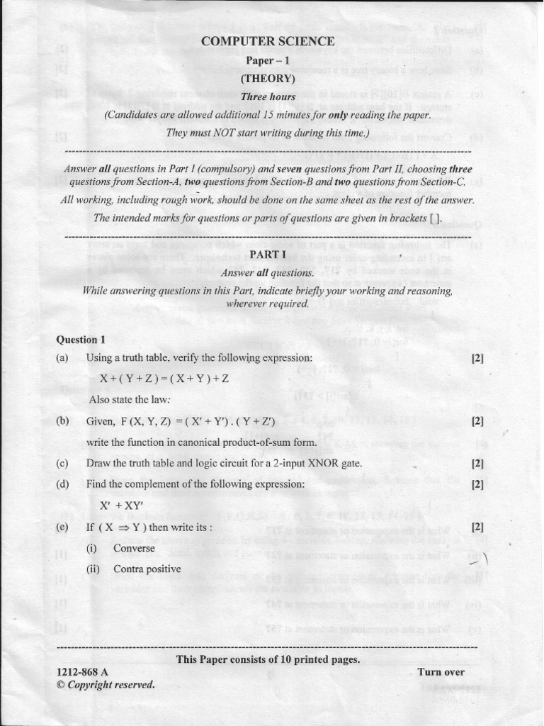 ISC 2012 Computer Science Paper1 (Question Paper) PDF