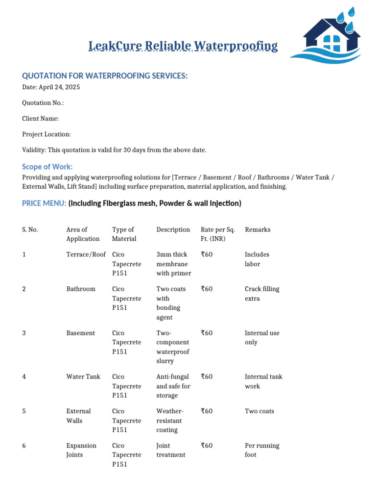 Waterproofing Quotation | PDF | Basement | Industrial Processes