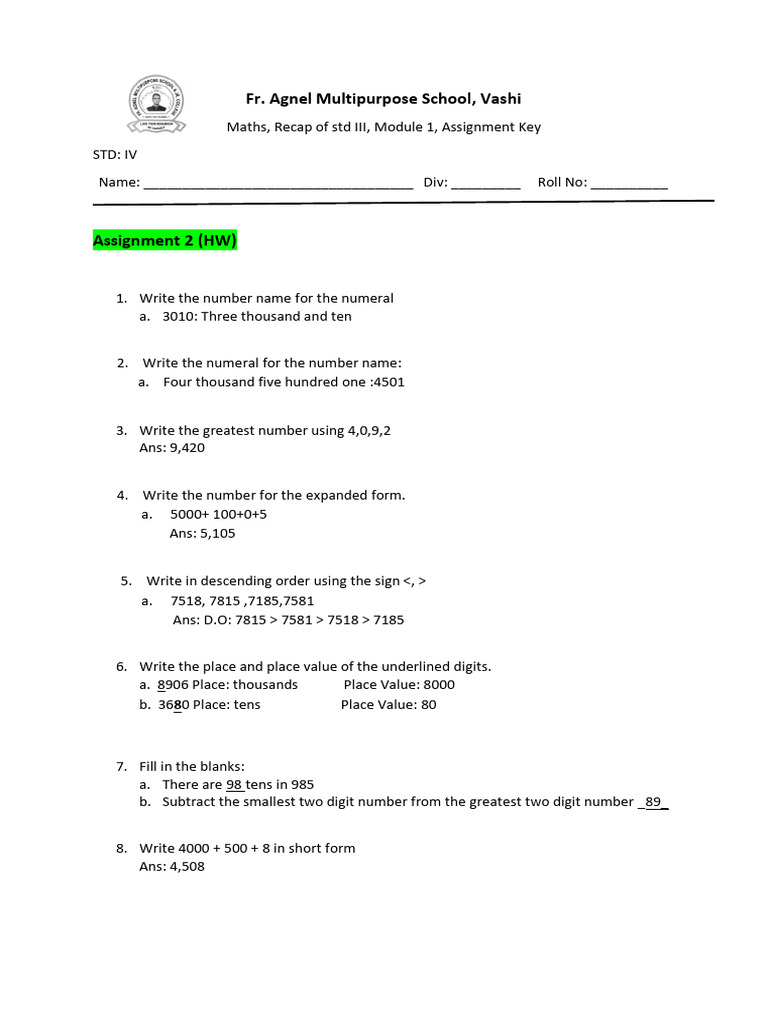 Std IV Maths Assignment Key | PDF
