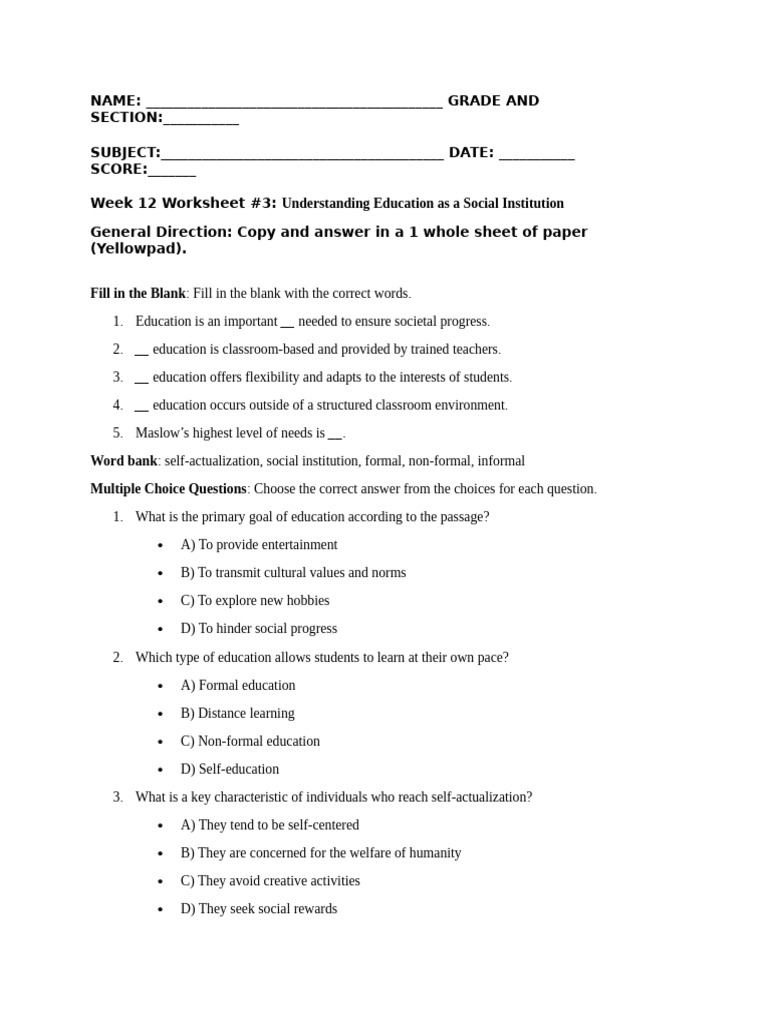 Ucsp Week 12 Worksheet 3 | PDF | Self Actualization | Learning