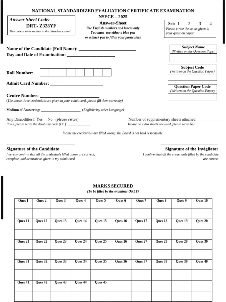 Answer Script Cover Page | PDF