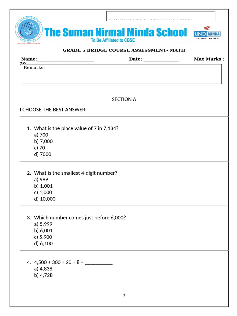 Grade 5 Math Bridge Course Assessment | PDF