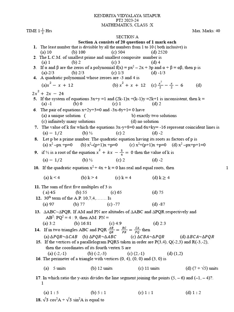 Class X Maths Exam Paper 2023-24 | PDF | Euclidean Geometry ...