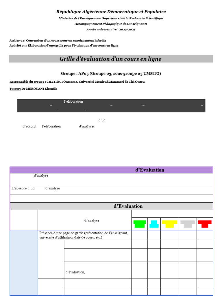 Grille d'évaluation pour cours en ligne | PDF | Pédagogie | Apprentissage