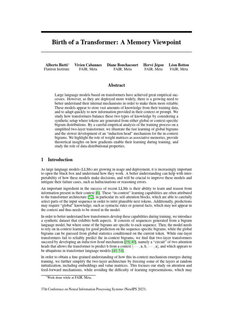 NeurIPS 2023 Birth of A Transformer A Memory Viewpoint Paper Conference ...