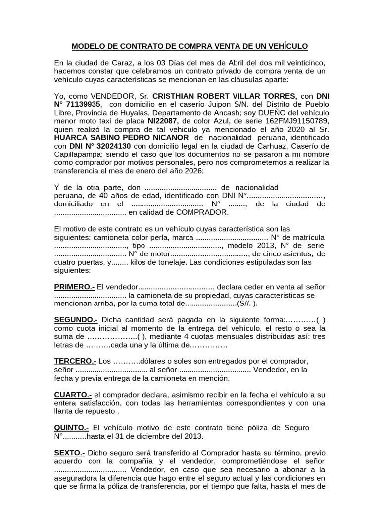Contrato de Compra Venta de Vehículo | PDF | Póliza de seguros