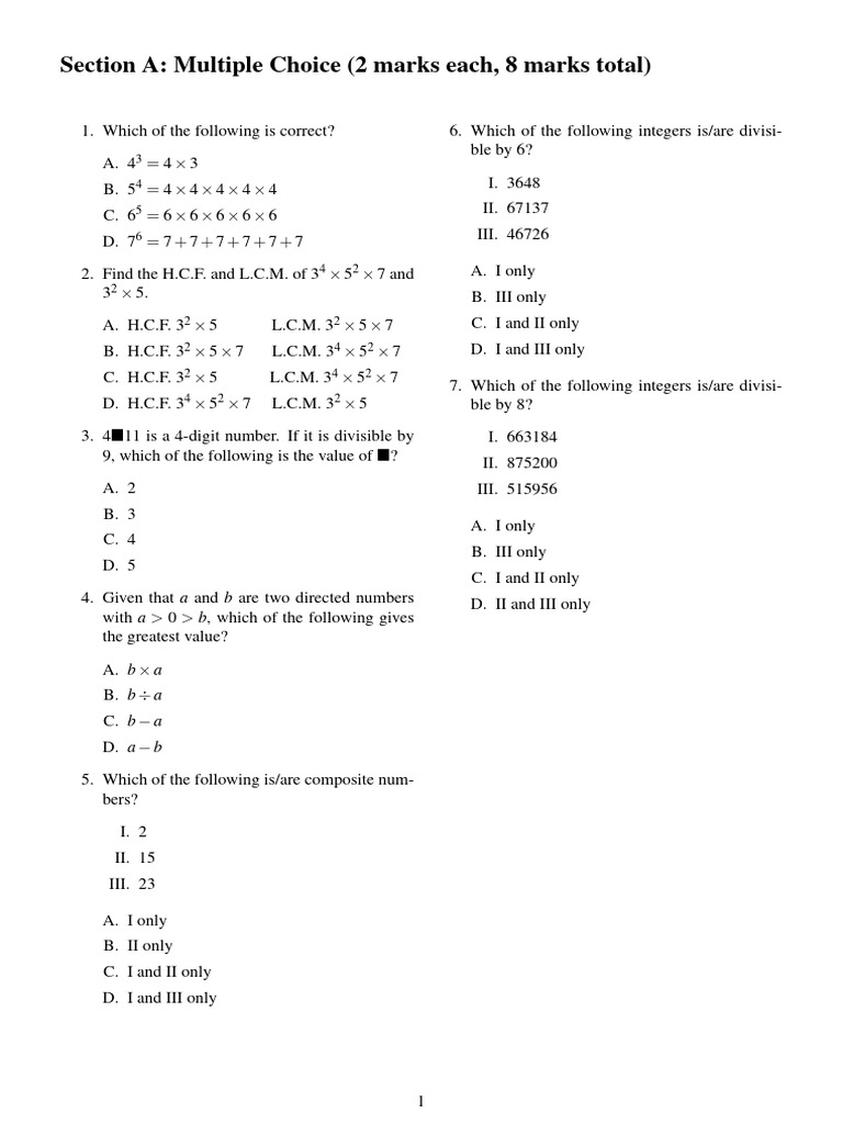S1 20192020 FB Test - ch1 - ch2 | PDF | Mathematics | Arithmetic