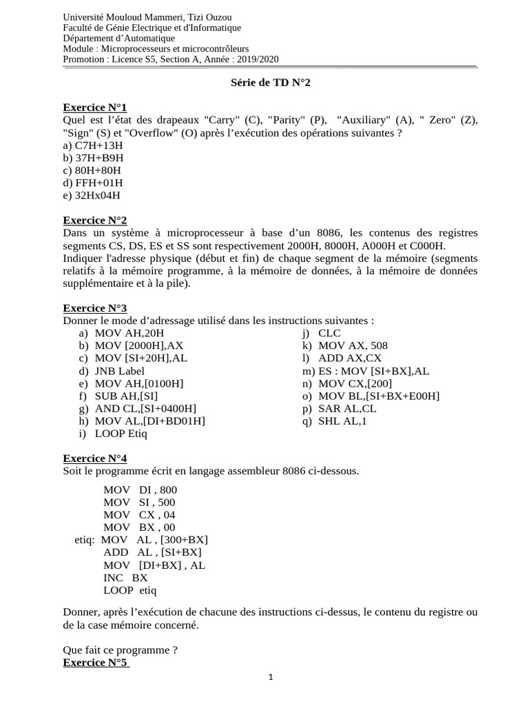 Exercice Microprocesseurs 8086: TD N°2 | PDF | Programme informatique ...