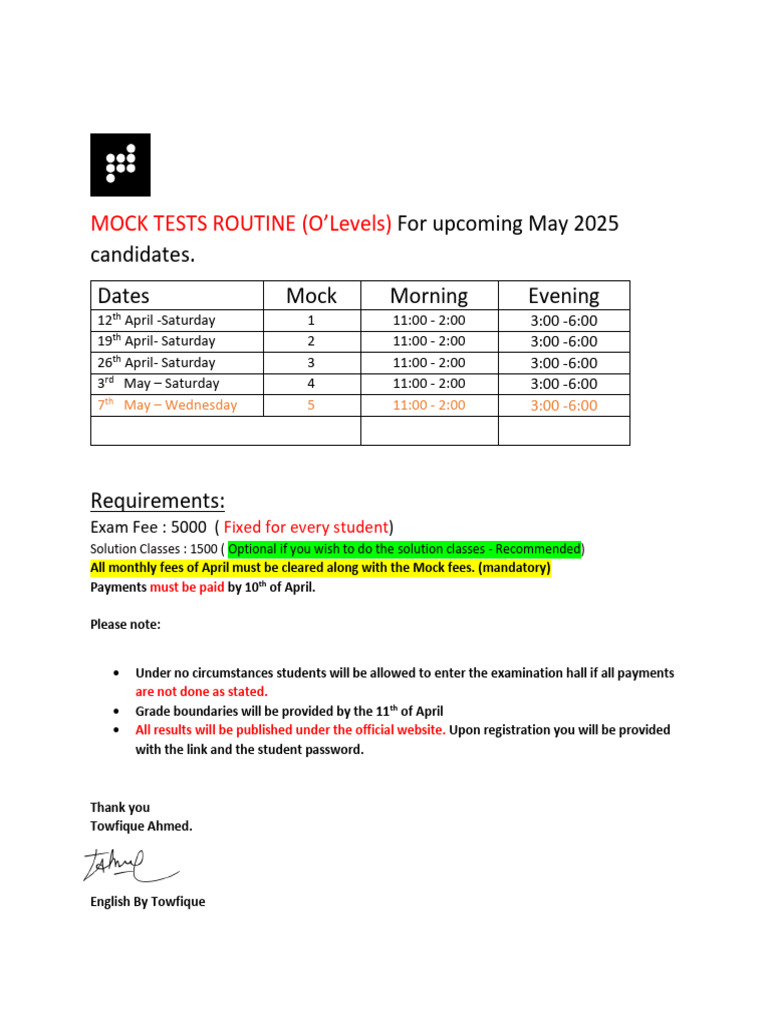 O'Level Mock Test Schedule 2025 | PDF
