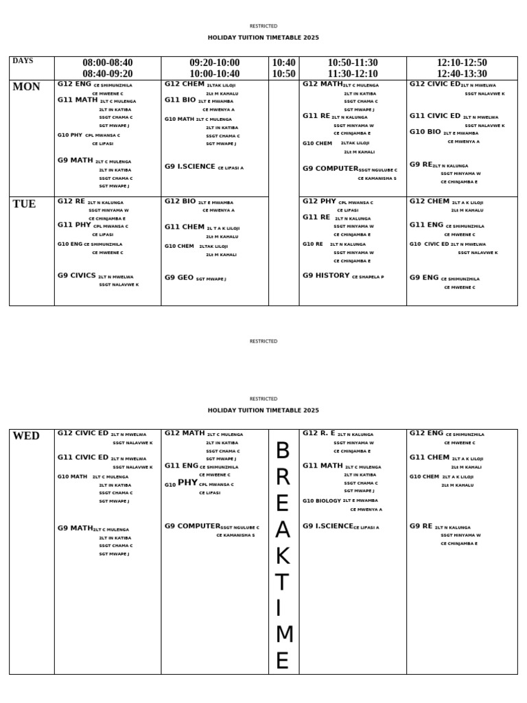 Holiday Tuition Timetable 2025 | PDF