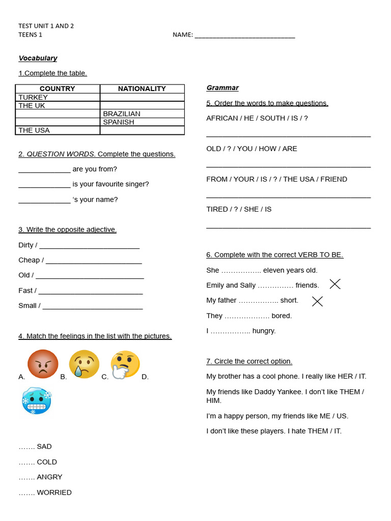 Test Unit 1 and 2 - Teens 1 | PDF | Language Mechanics | Linguistics