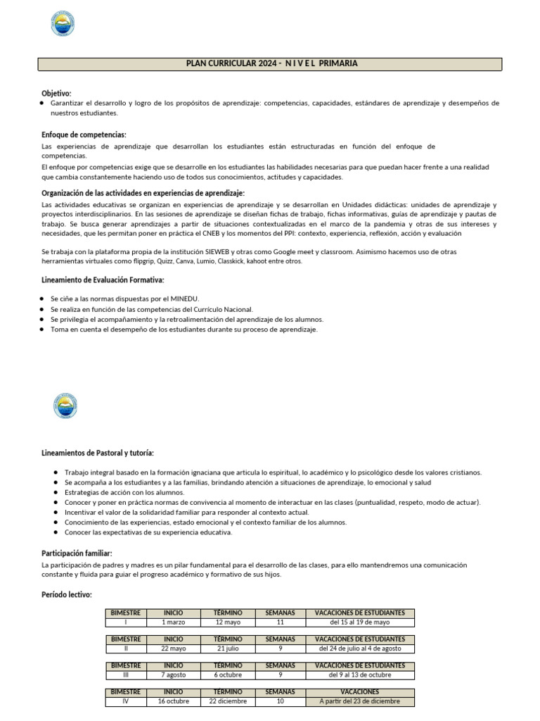 Plan Curricular Primaria 2024 | PDF | Aprendizaje | Experiencia