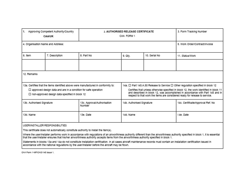 CAA Form 1 Release Certificate Guide | PDF