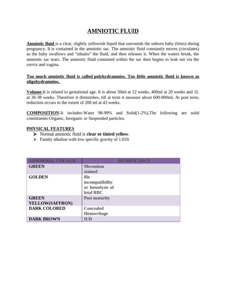 Characteristics of Amniotic Fluid | PDF