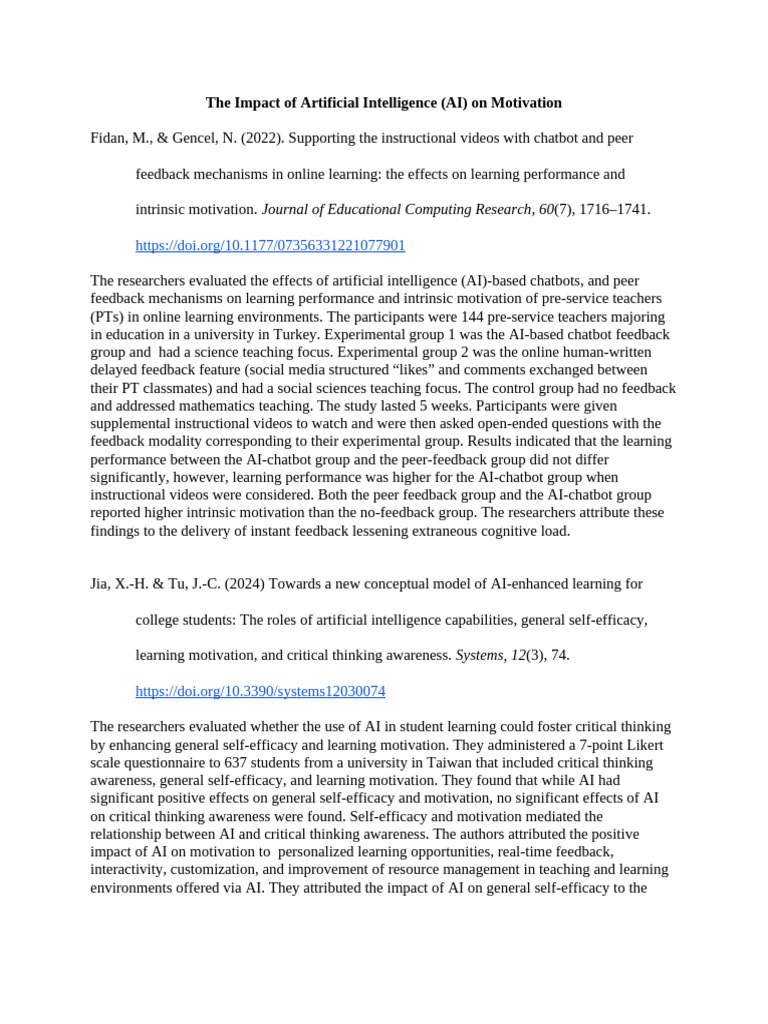 Motivation and AI Annotated Bibliography | PDF | Self Efficacy ...