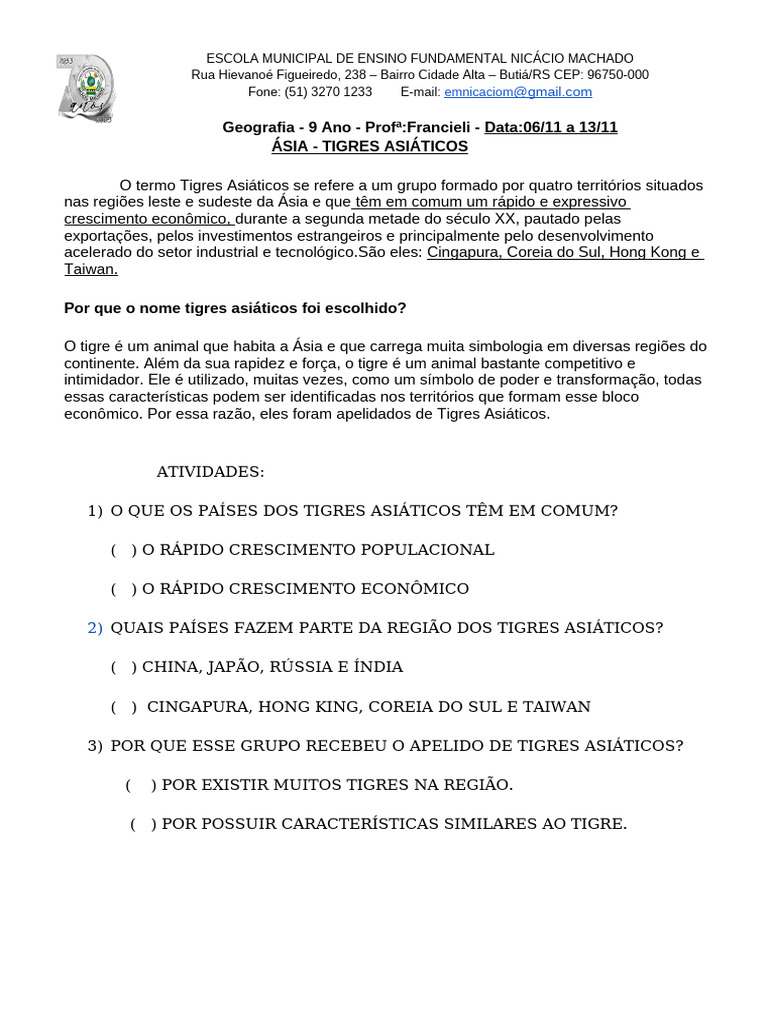 ATIVIDADE Adaptada Autismo Geografia | PDF | Ásia | Quatro tigres ...