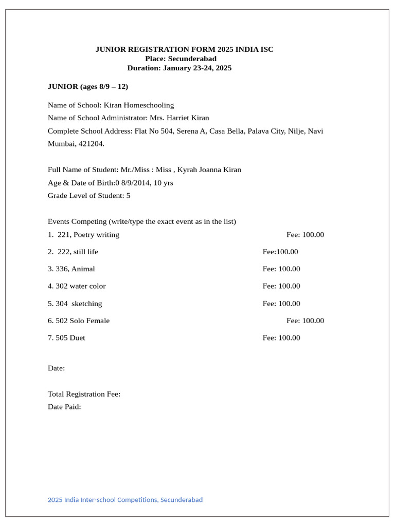 ISC Junior Registration 2025 Form | PDF