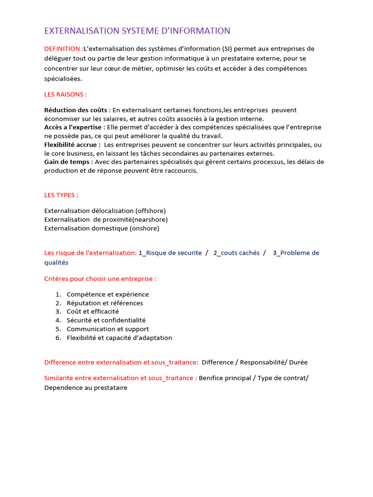 Avantages et types de l'externalisation SI | PDF