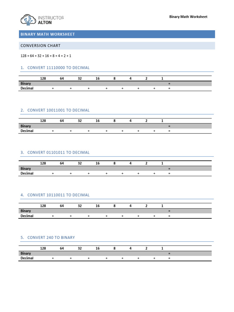Binary Conversion Practice Worksheet | PDF | Applied Mathematics ...