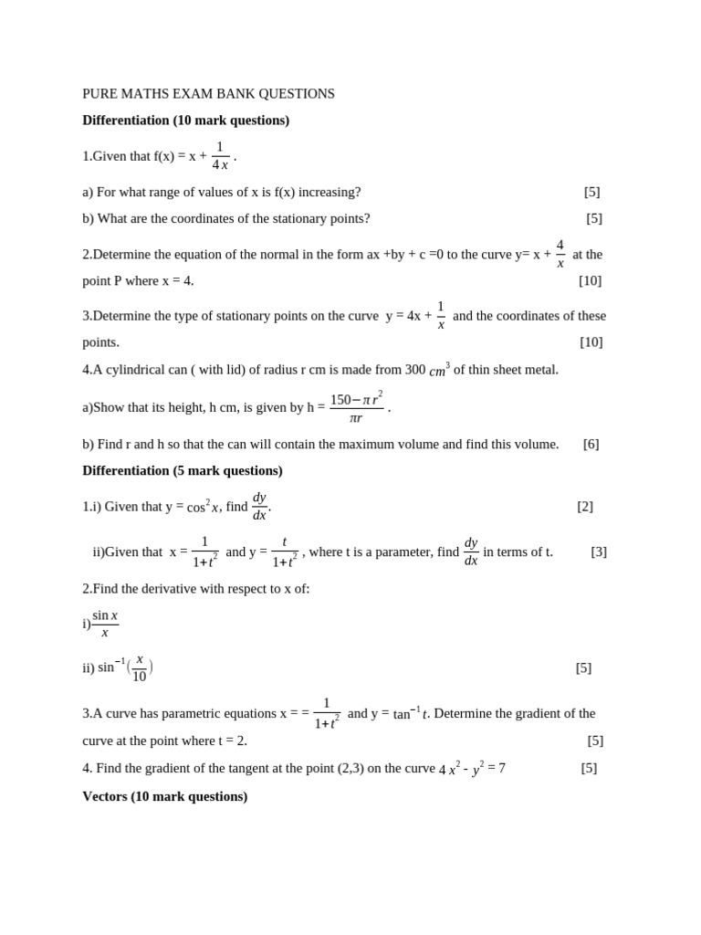 Pure Maths Exam Questions Bank | PDF | Line (Geometry) | Equations