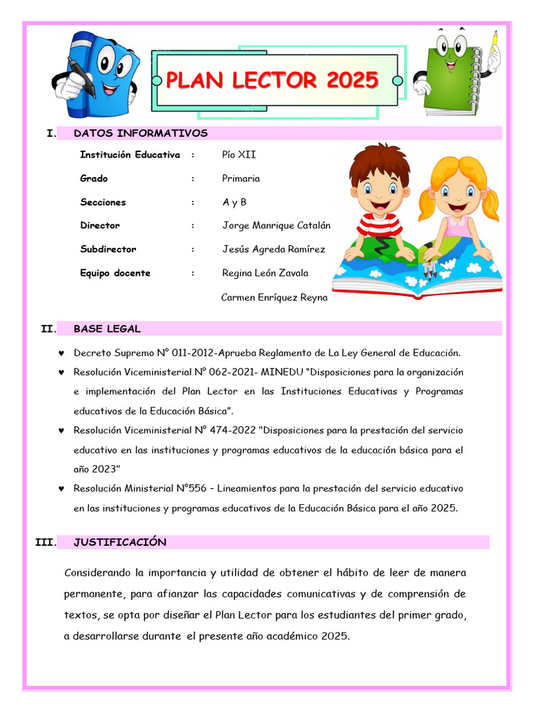 Plan Lector 2025 para Primer Grado | PDF | Educación primaria | Salón ...