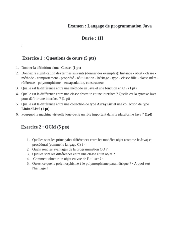 Examen de Java : Concepts et QCM | PDF