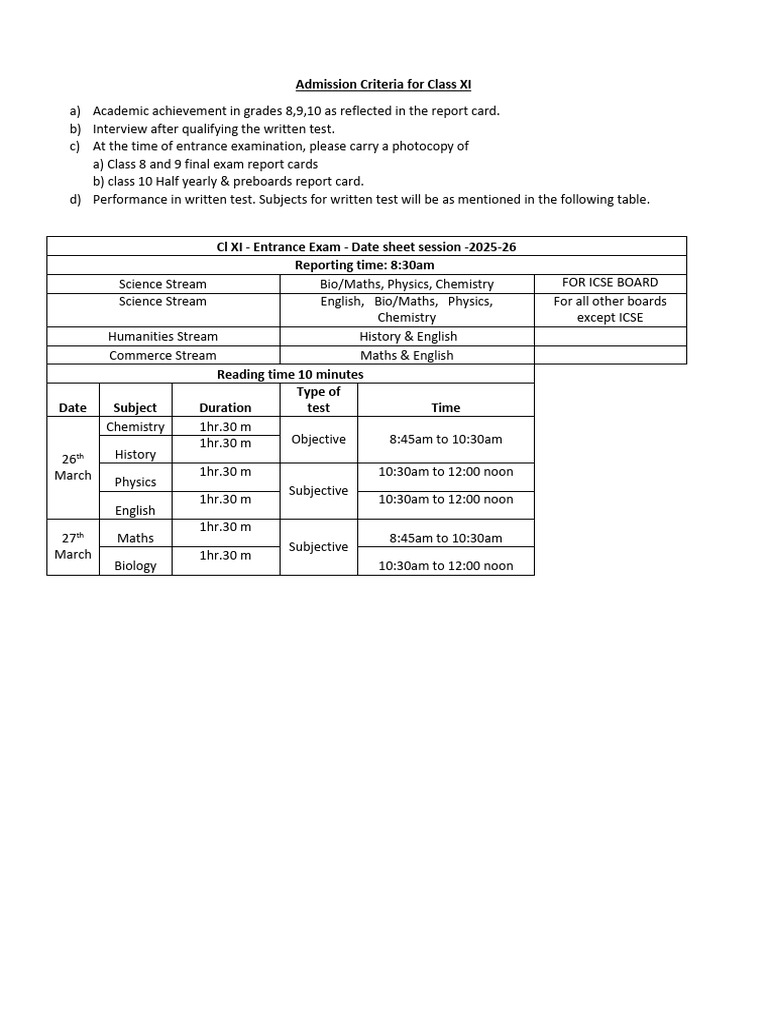 Class XI Admission Criteria 2025-26 | PDF