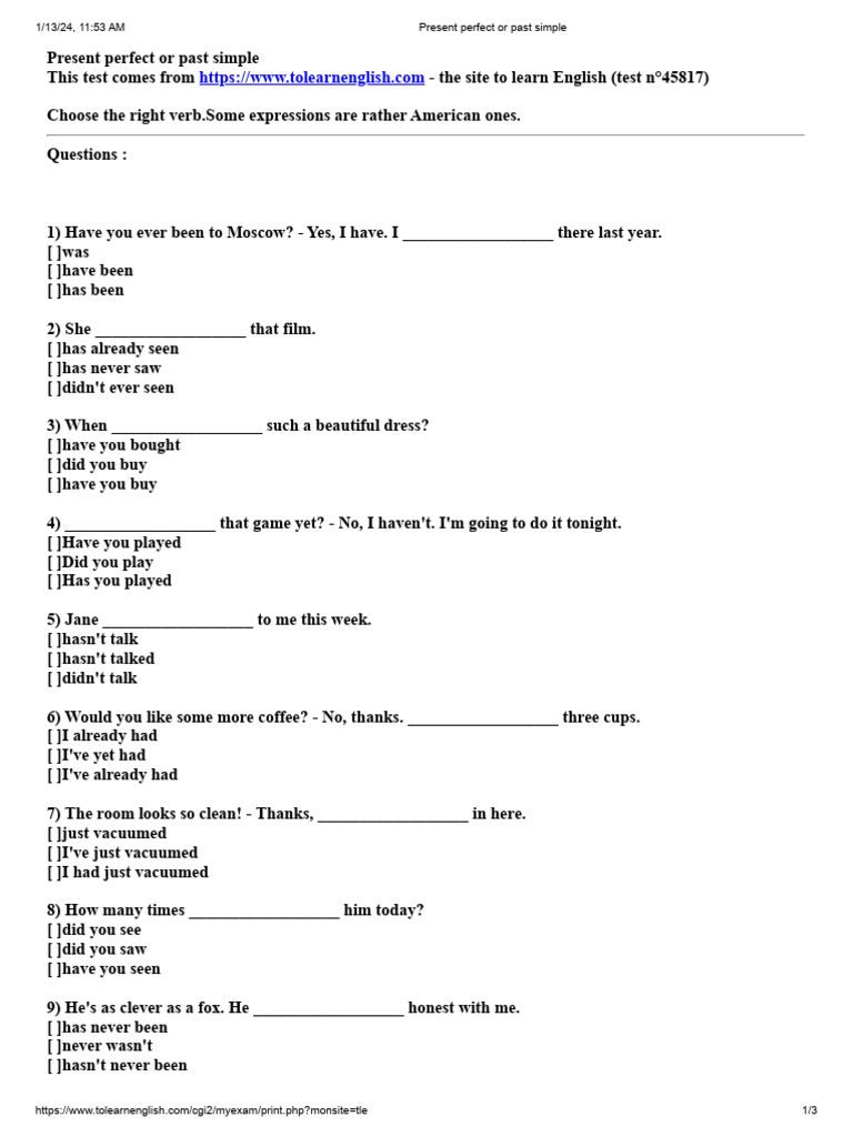 Present Perfect vs Past Simple Test | PDF