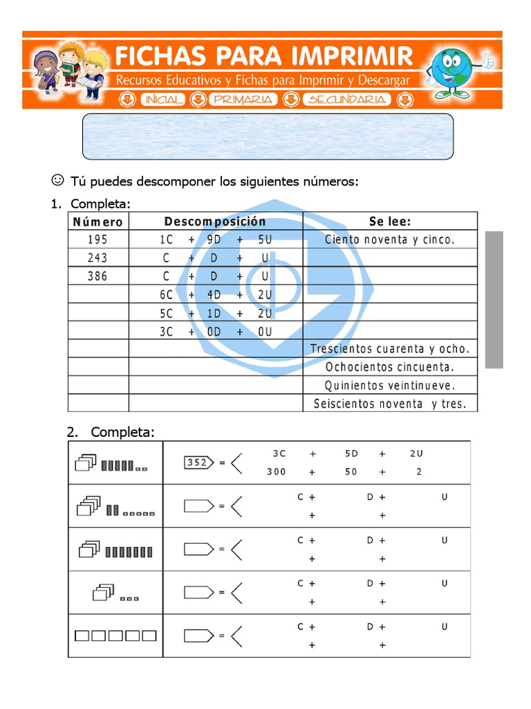 Ficha de Unidad Decena Centena para Segundo de Primaria | PDF ...