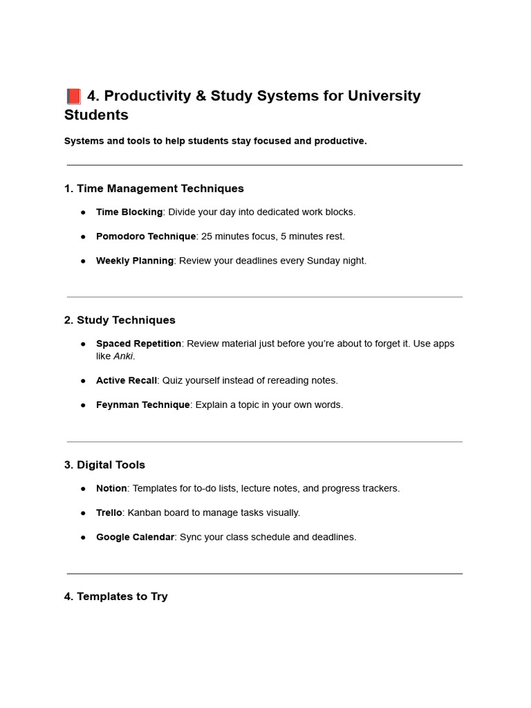 Productivity & Study Systems For University Students | PDF