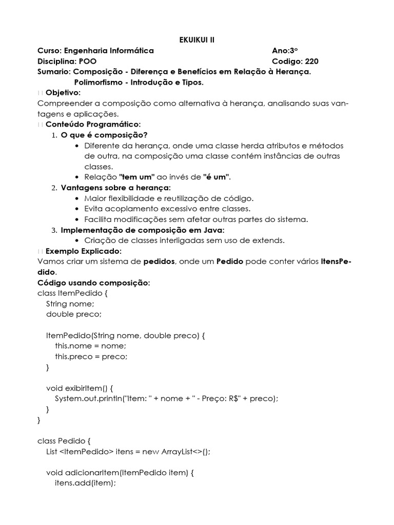 Composição e Polimorfismo em Java | PDF | Classe (programação de ...