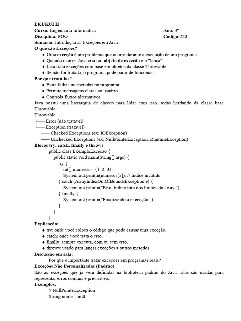 Classe #5 Tratamento de Exceções e Manipulação de Arquivos | PDF | Java ...