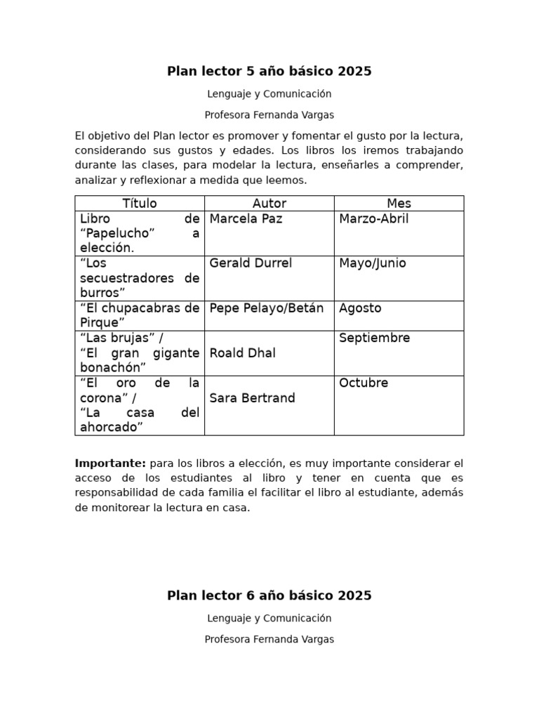 Plan Lector 2025 para 5° a 8° Básico | PDF