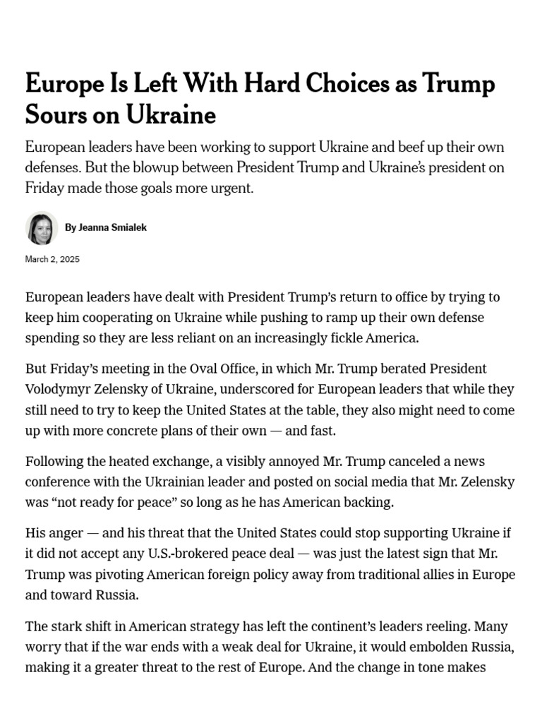 Europe Is Left With Hard Choices As Trump Sours On Ukraine - The New ...