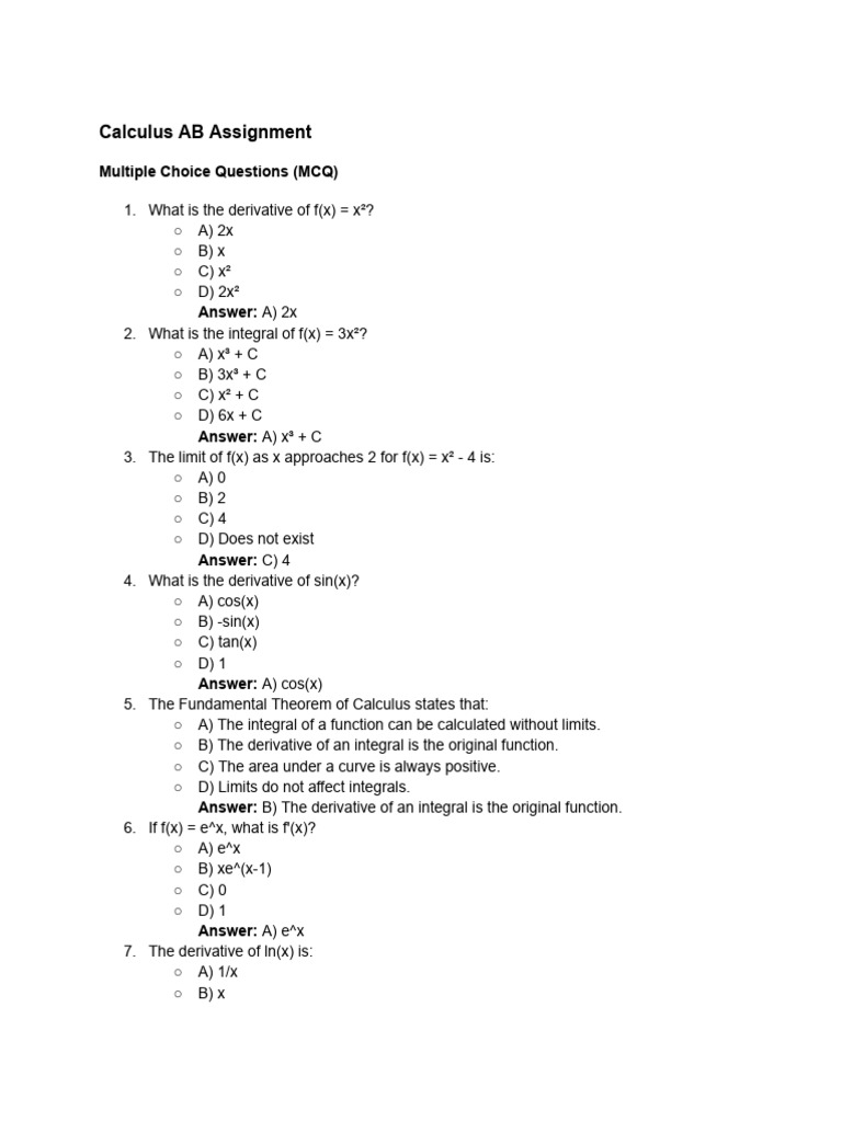 Calculus AB MCQ and FRQ Assignment | PDF | Integral | Limit (Mathematics)
