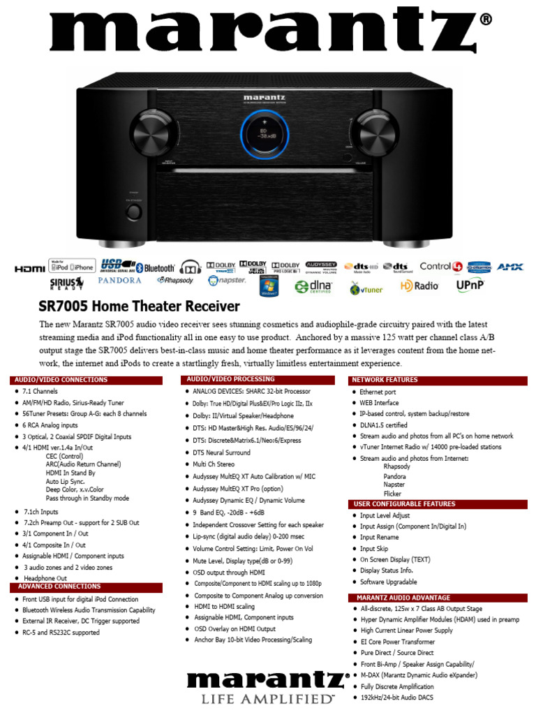 Marantz sr7005 Quick Specs | PDF | Hdmi | Hertz