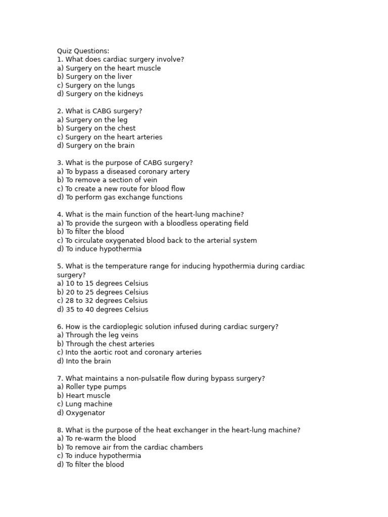 Cardiac Surgery Quiz Questions Guide | PDF | Coronary Artery Bypass ...