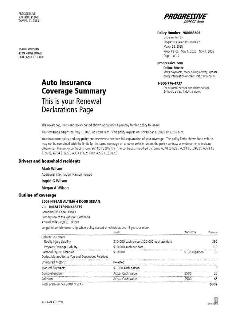 Progressive Auto Insurance Renewal Summary | PDF | Insurance | Deductible