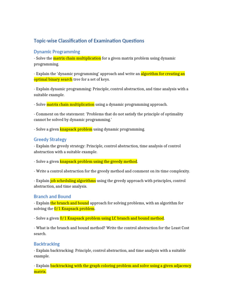 Topic Wise Examination Questions | PDF | Dynamic Programming | Matrix ...